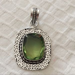 Green glass pendant sterling plate necklace Marked